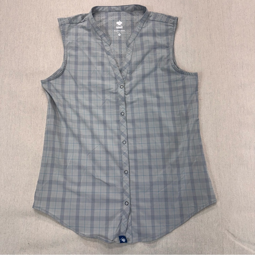 Rabbit High Country Trail Blue Dress Plaid Women's Sleeveless Running Top Size M